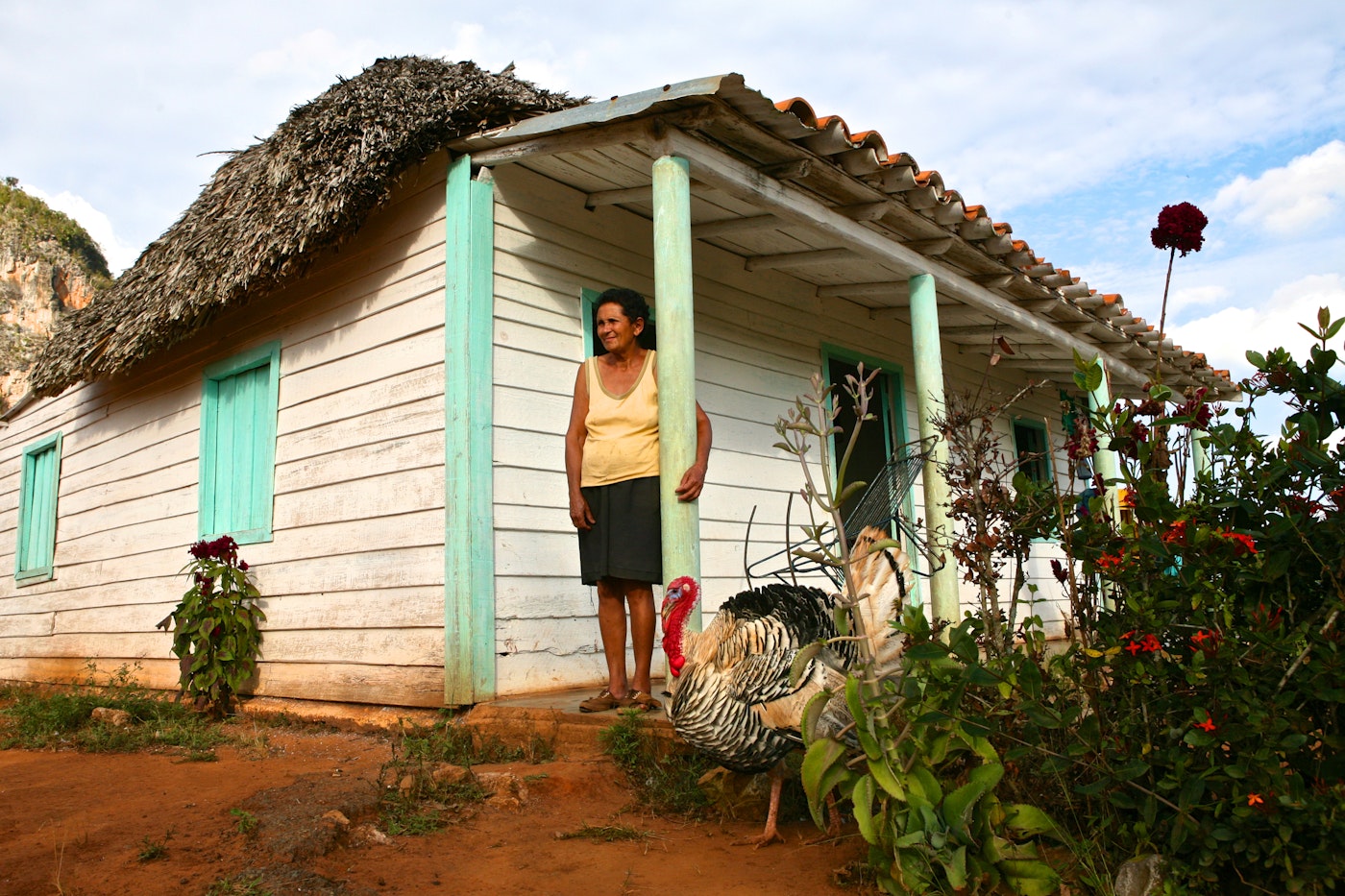 Photo of a woman in front of a house standing next to a domestic turkey.